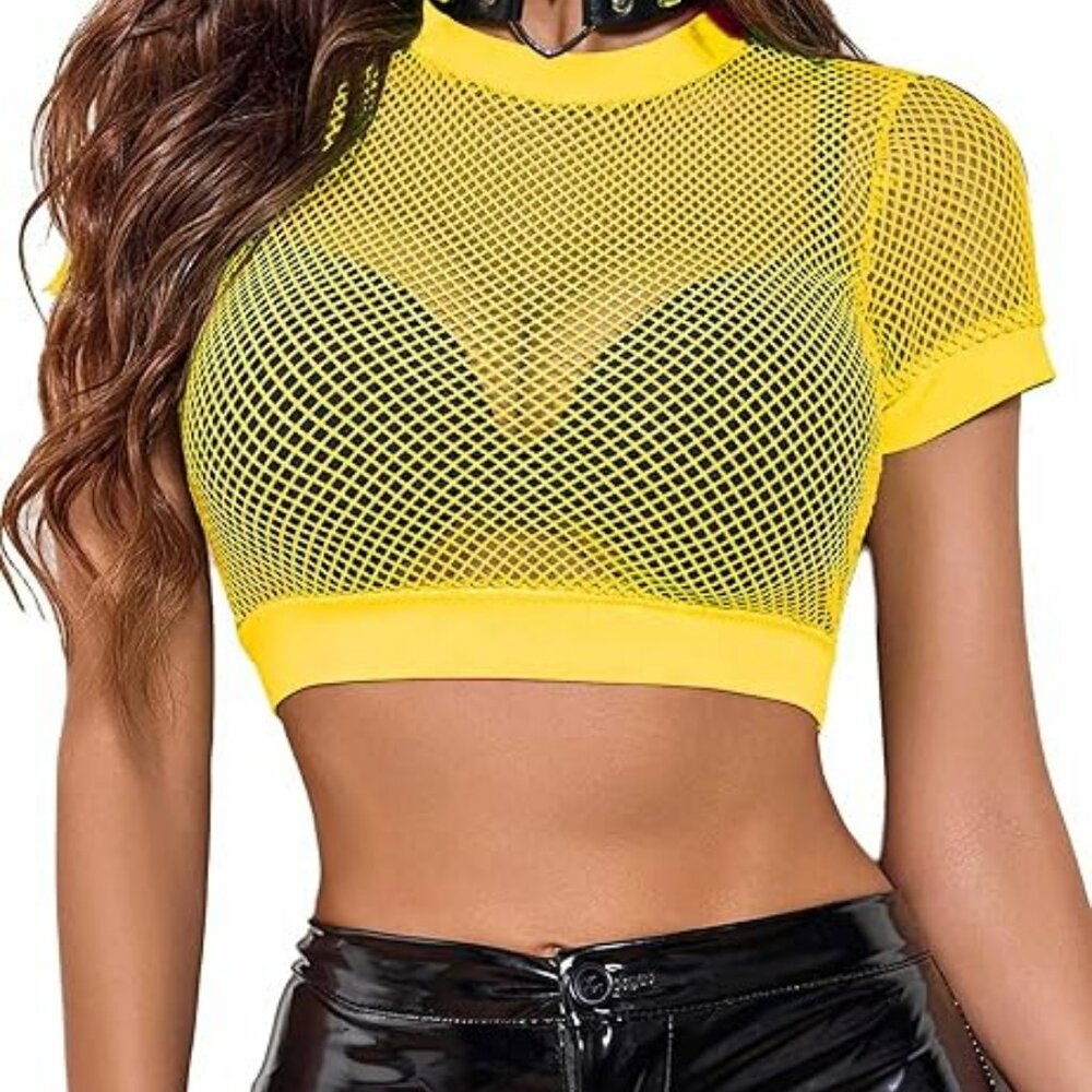 Fishnet Crop Top for Women See Through Shirt Yellow Size XL